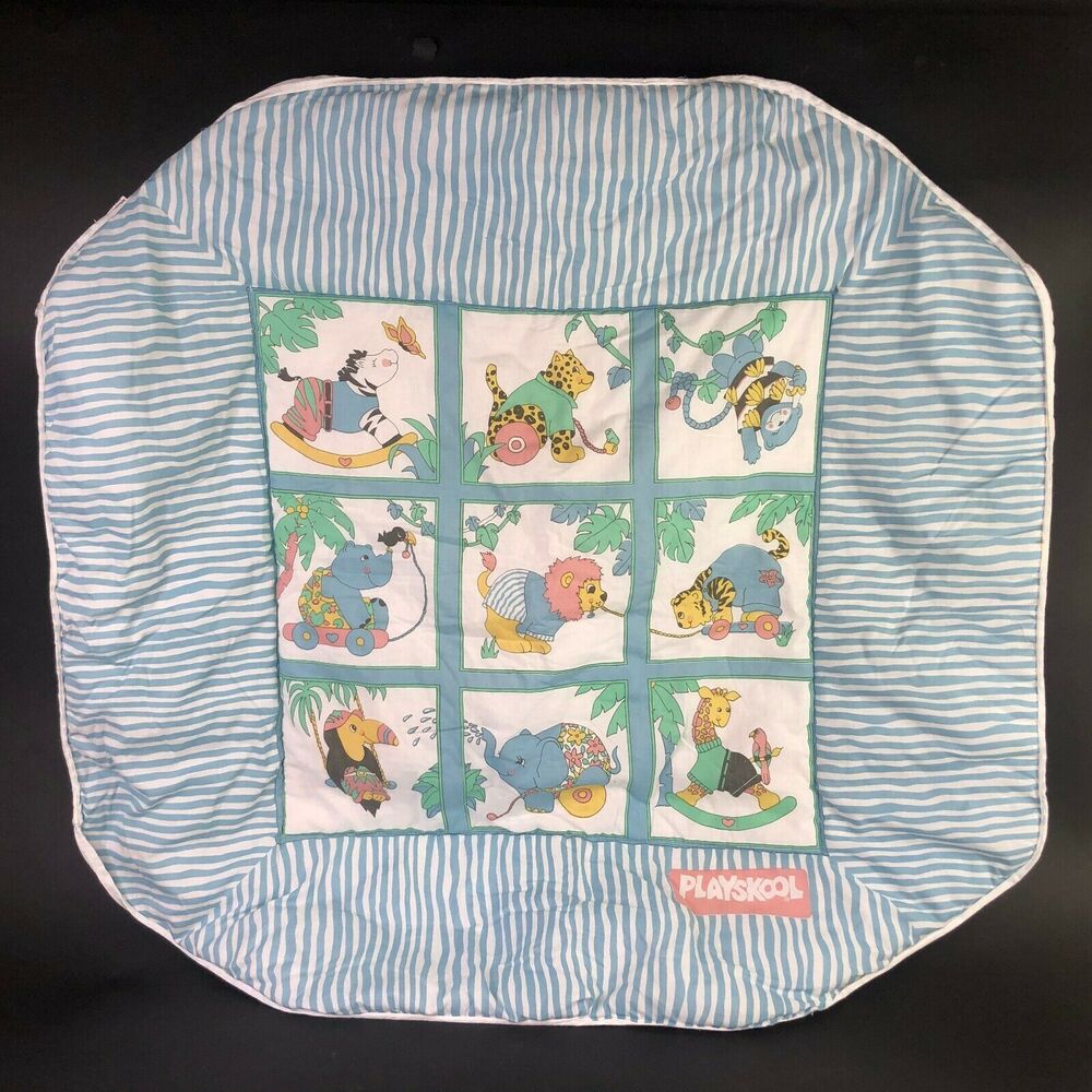 Playskool Comforter Vintage Baby Blanket 40" Play‎ Mat Blue Stripe Jungle Theme